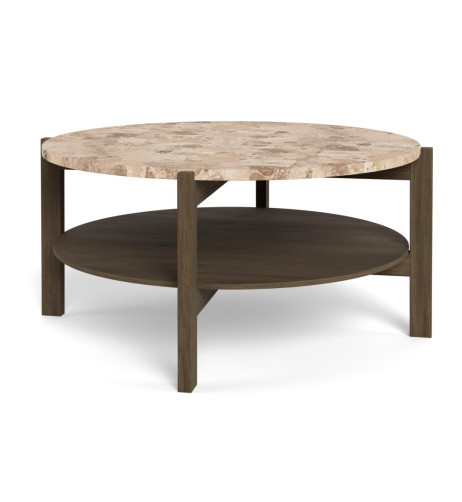 Stolik kawowy Dorsett - Top marmurowy brązowy Latte Dąb podstawowy wędzony Ø80x40 cm
